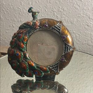 Art Nouveau Style Peacock Design Photo Frame Copper Colored Jewel like accents